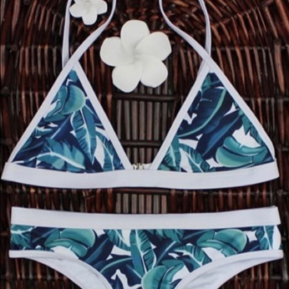 Blue and White Leaf Tropical Cheeky Bikini